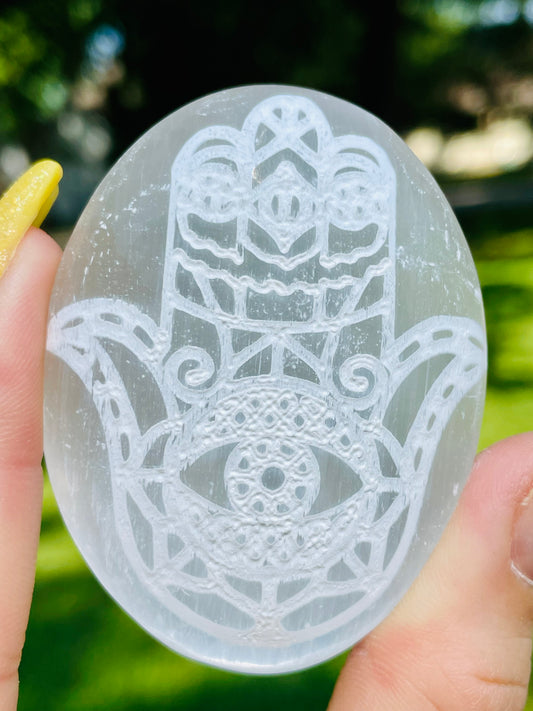 Selenite Hamsa Palmstone